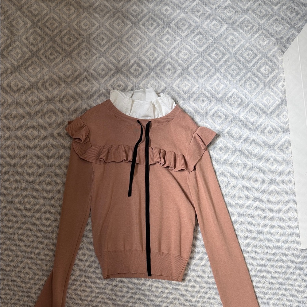 Zara Ruffle faux layered Sweater with Black velvet Tie - Dusty Rose